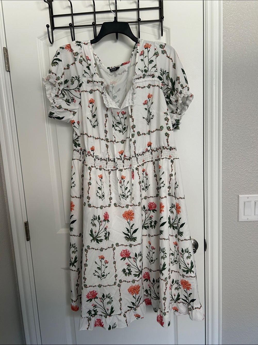 BloomChic White Midi Dress with Pink & Orange Floral Print